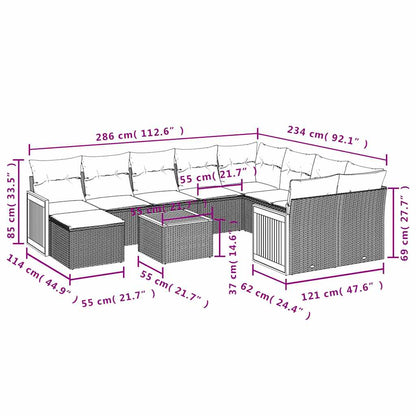 11-teiliges Gartensofa-Set mit Kissen, schwarzes Polyrattan