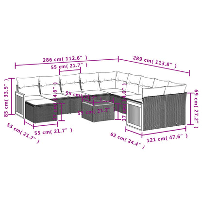 12-teiliges Gartensofa-Set mit Kissen, schwarzes Polyrattan