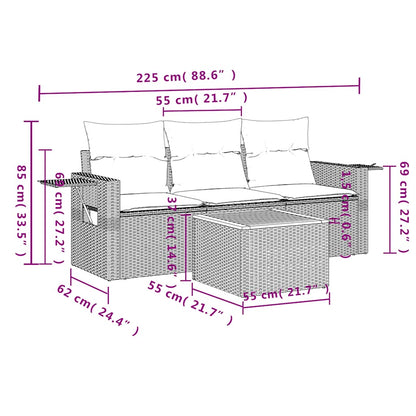4-teiliges Gartensofa-Set mit Kissen, schwarzes Polyrattan