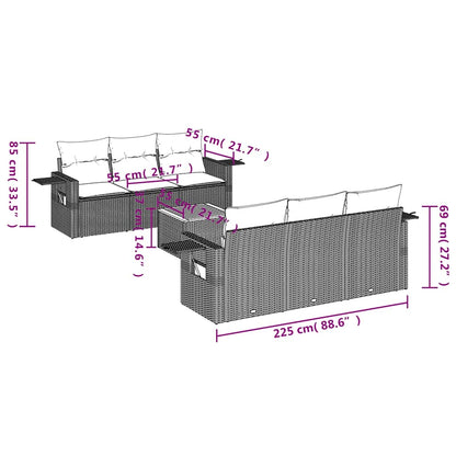 7-teiliges Gartensofa-Set mit Kissen, schwarzes Polyrattan