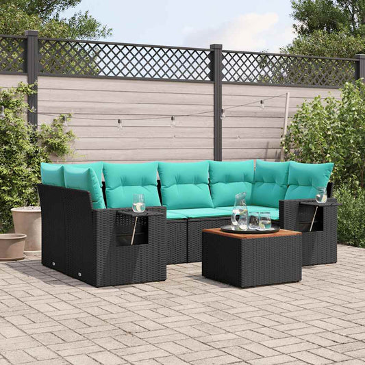 7-teiliges Gartensofa-Set mit Kissen, schwarzes Polyrattan