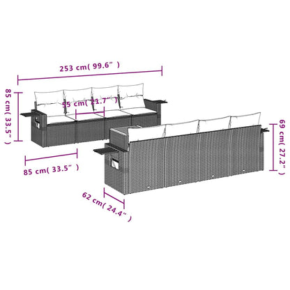 9-teiliges Gartensofa-Set mit Kissen, schwarzes Polyrattan