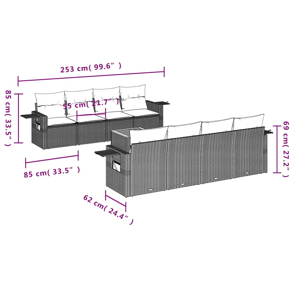 9-teiliges Gartensofa-Set mit Kissen, grau, Polyrattan