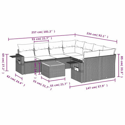 9-teiliges Gartensofa-Set mit Kissen, schwarzes Polyrattan