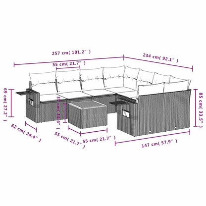9-teiliges Gartensofa-Set mit Kissen, grau, Polyrattan