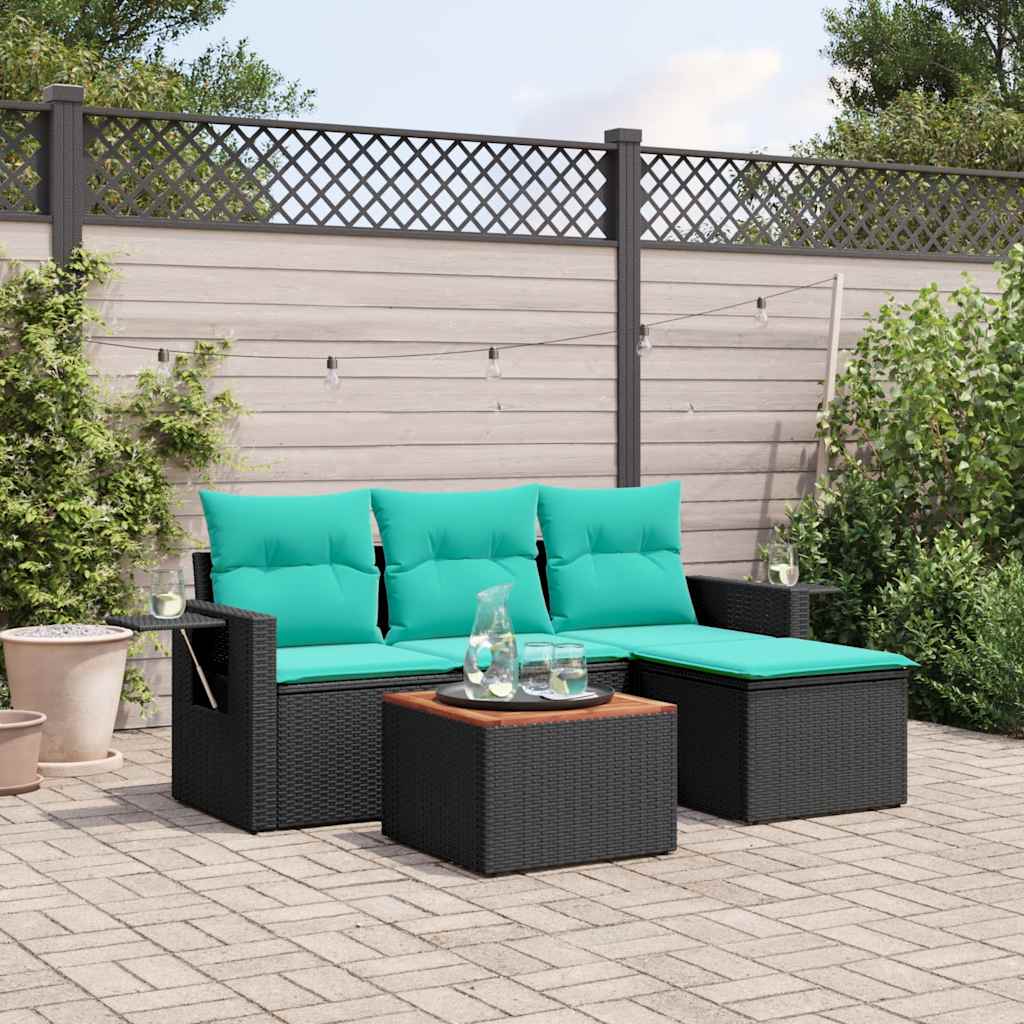 5-teiliges Gartensofa-Set mit Kissen, schwarzes Polyrattan