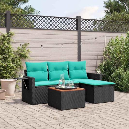 5-teiliges Gartensofa-Set mit Kissen, schwarzes Polyrattan