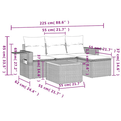 5-teiliges Gartensofa-Set mit Kissen, grau, Polyrattan