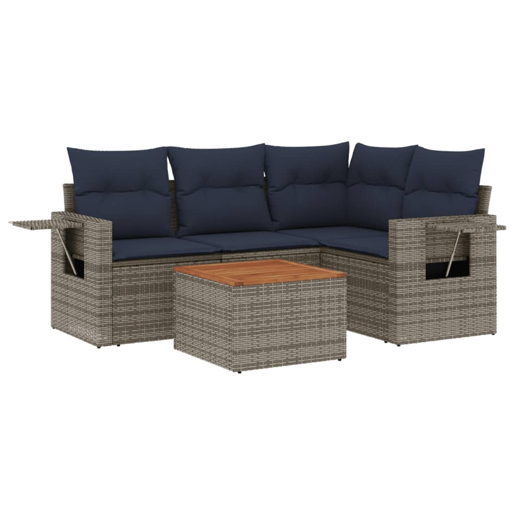 5-teiliges Gartensofa-Set mit Kissen, grau, Polyrattan