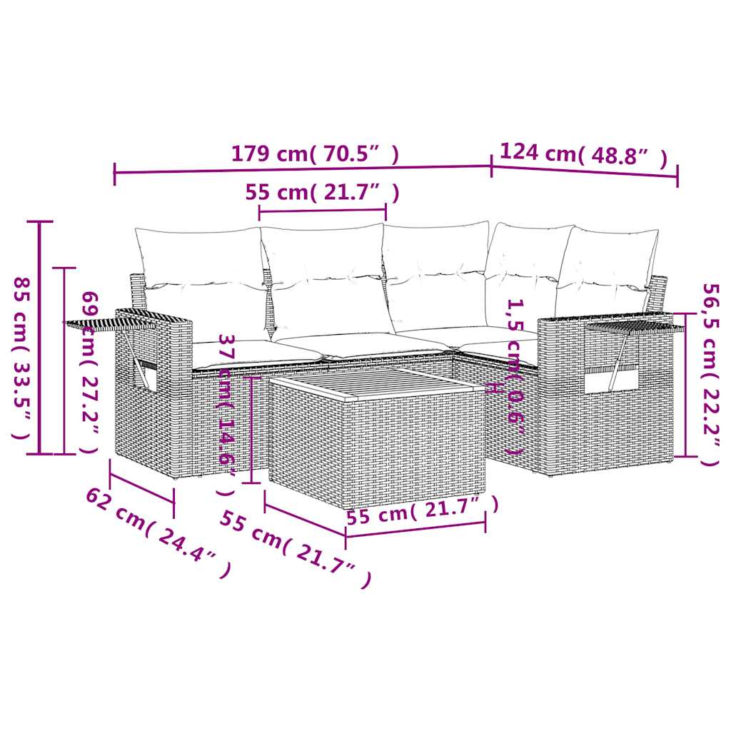 5-teiliges Gartensofa-Set mit Kissen, grau, Polyrattan