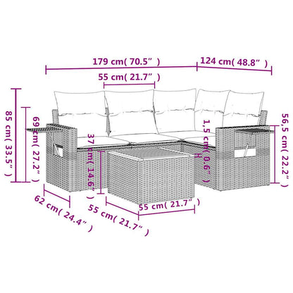5-teiliges Gartensofa-Set mit Kissen, grau, Polyrattan