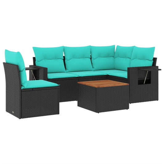 6-teiliges Gartensofa-Set mit Kissen, schwarzes Polyrattan