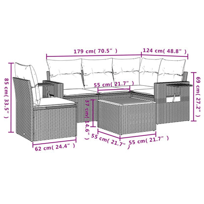 6-teiliges Gartensofa-Set mit Kissen, schwarzes Polyrattan