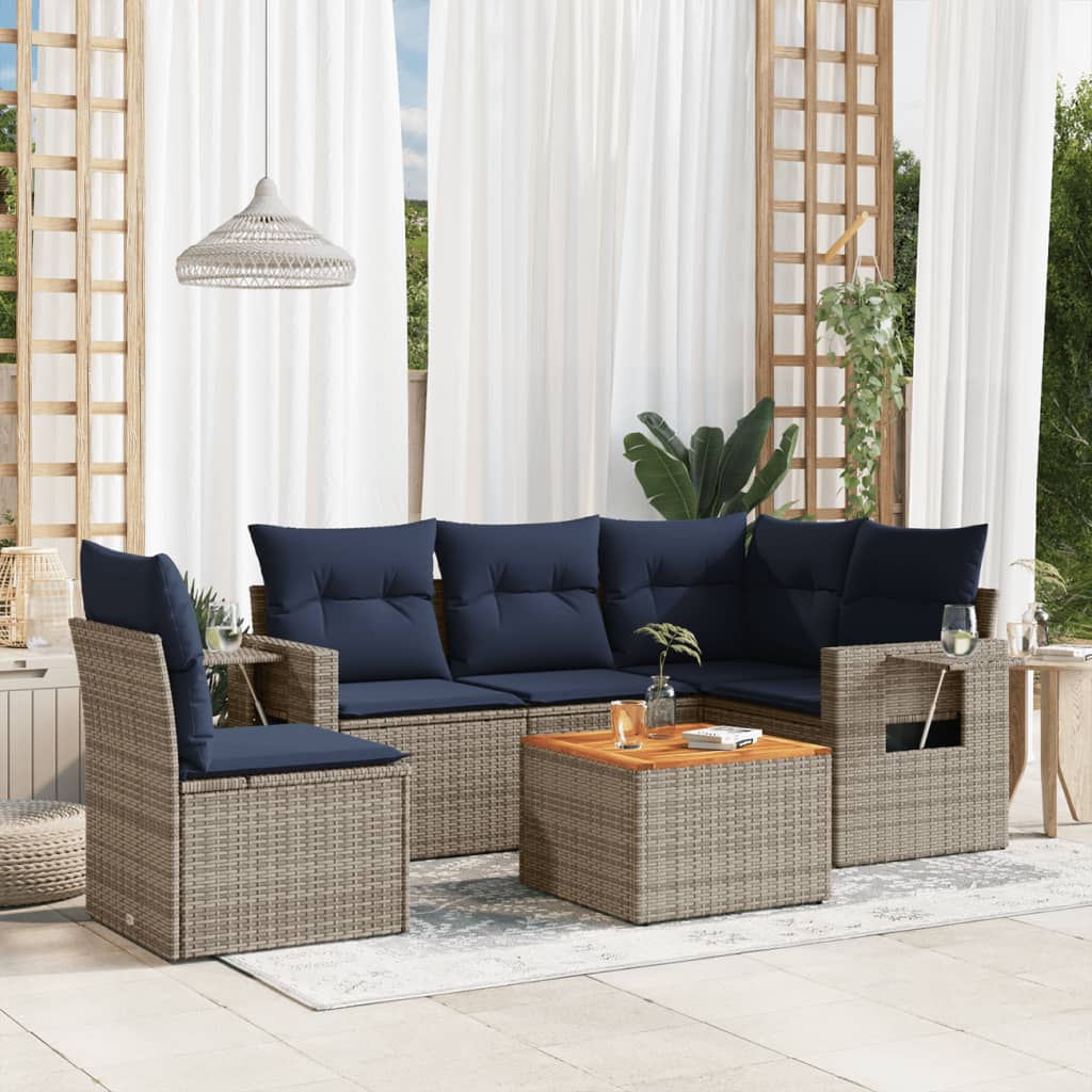 6-teiliges Gartensofa-Set mit Kissen, grau, Polyrattan