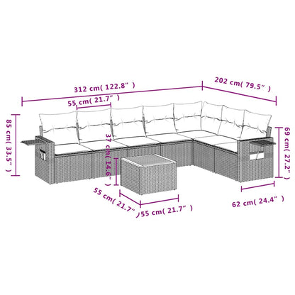 8-teiliges Gartensofa-Set mit Kissen, grau, Polyrattan