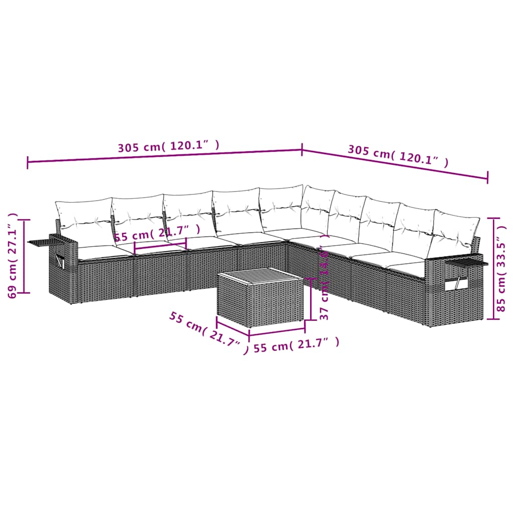10-teiliges Gartensofa-Set mit Kissen, grau, Polyrattan