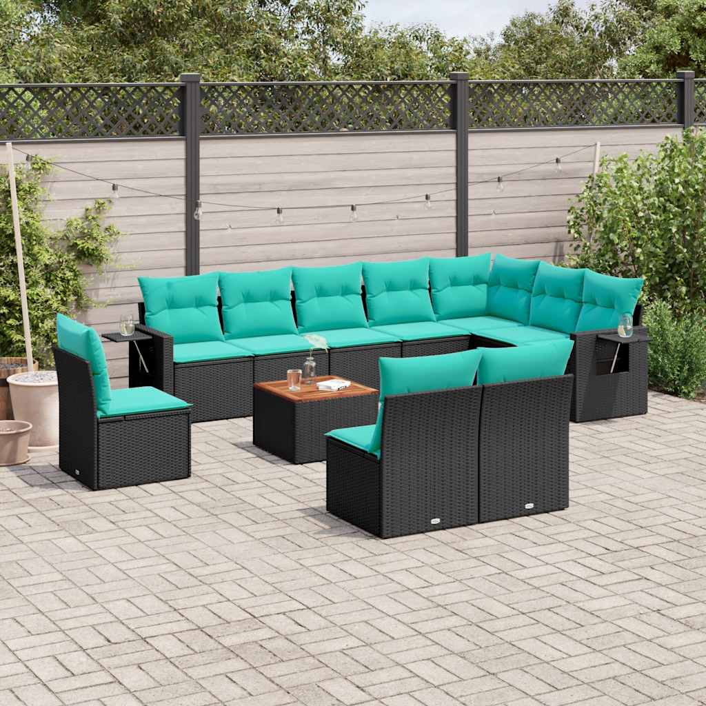 11-teiliges Gartensofa-Set mit Kissen, schwarzes Polyrattan