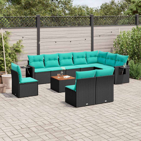 11-teiliges Gartensofa-Set mit Kissen, schwarzes Polyrattan