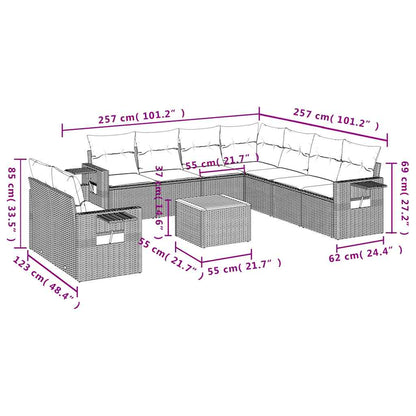 10-teiliges Gartensofa-Set mit Kissen, schwarzes Polyrattan
