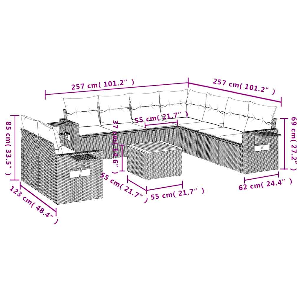10-teiliges Gartensofa-Set mit Kissen, grau, Polyrattan