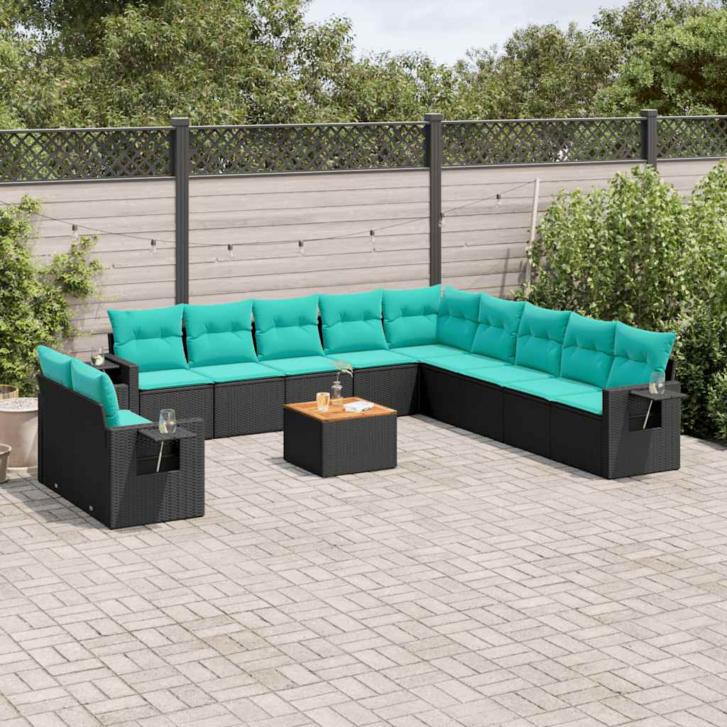 12-teiliges Gartensofa-Set mit Kissen, schwarzes Polyrattan