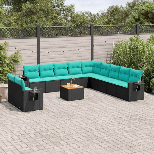 12-teiliges Gartensofa-Set mit Kissen, schwarzes Polyrattan