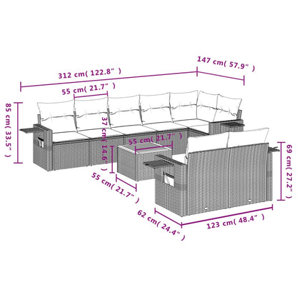 9-teiliges Gartensofa-Set mit Kissen, schwarzes Polyrattan