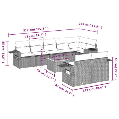 9-teiliges Gartensofa-Set mit Kissen, grau, Polyrattan