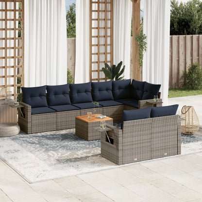 9-teiliges Gartensofa-Set mit Kissen, grau, Polyrattan
