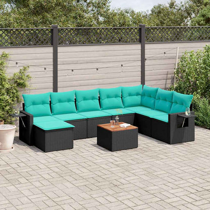 9-teiliges Gartensofa-Set mit Kissen, schwarzes Polyrattan