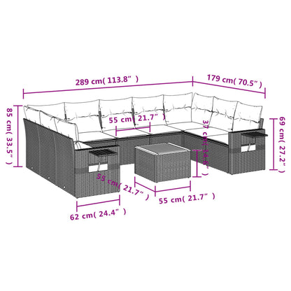 10-teiliges Gartensofa-Set mit Kissen, grau, Polyrattan
