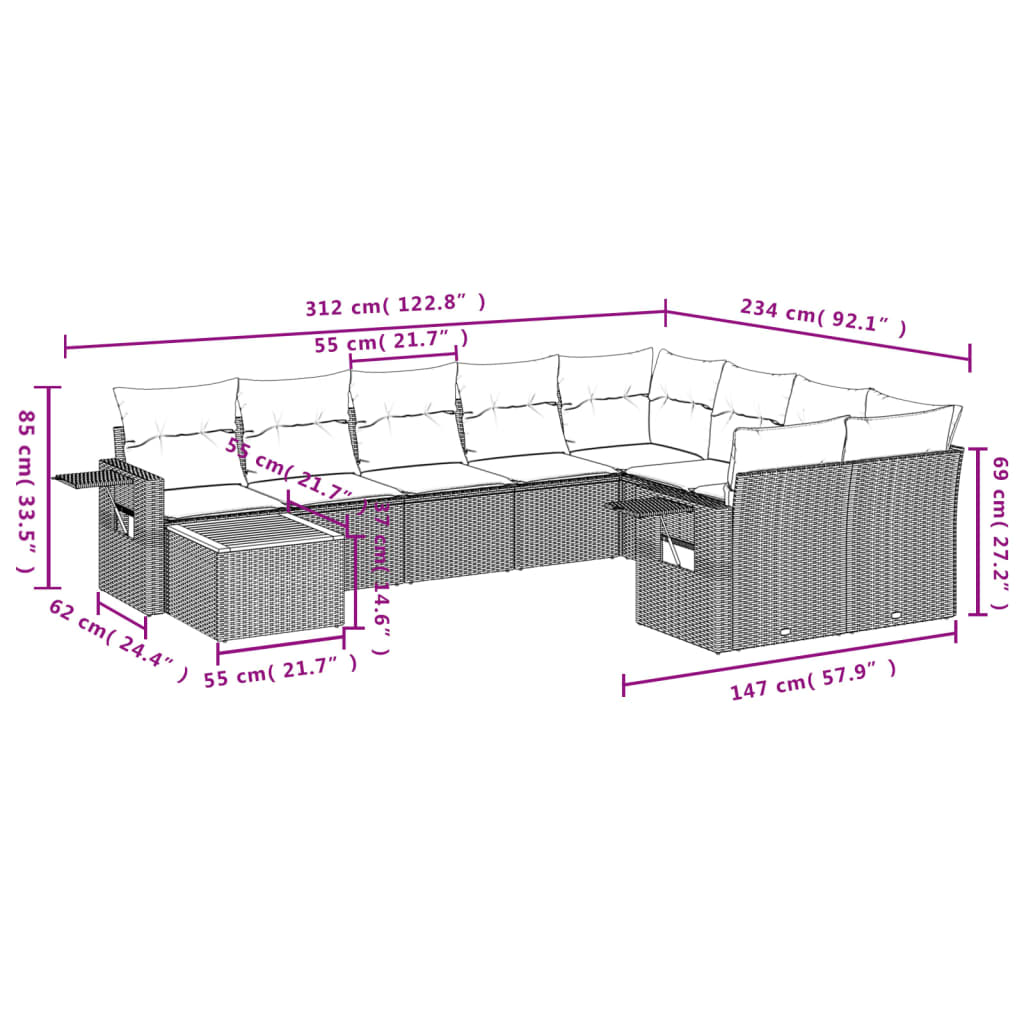 10-teiliges Gartensofa-Set mit Kissen, grau, Polyrattan