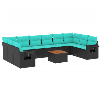 11-teiliges Gartensofa-Set mit Kissen, schwarzes Polyrattan