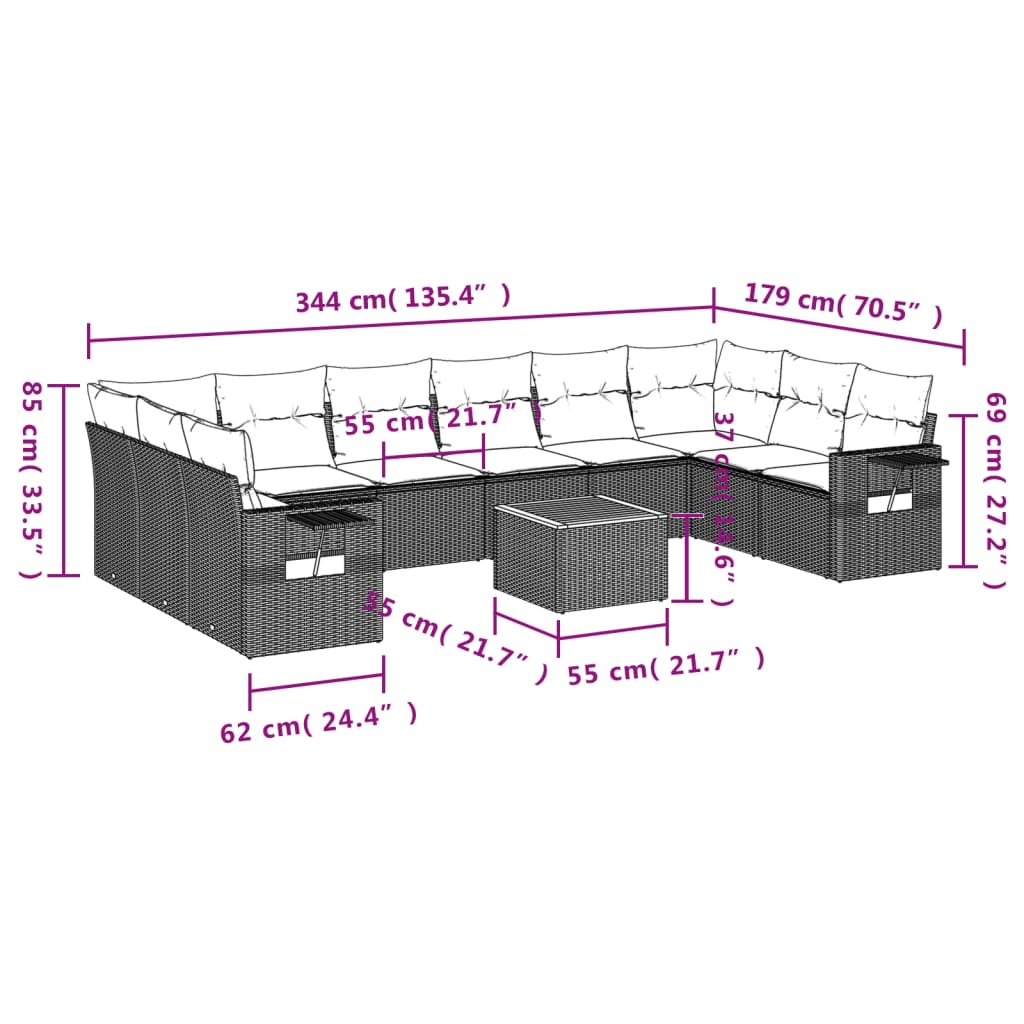 11-teiliges Gartensofa-Set mit Kissen, schwarzes Polyrattan
