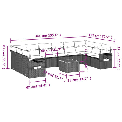 11-teiliges Gartensofa-Set mit Kissen, schwarzes Polyrattan