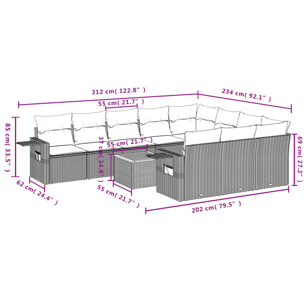 11-teiliges Gartensofa-Set mit Kissen, schwarzes Polyrattan