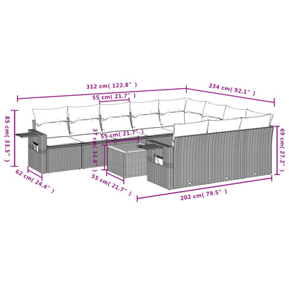 11-teiliges Gartensofa-Set mit Kissen, schwarzes Polyrattan