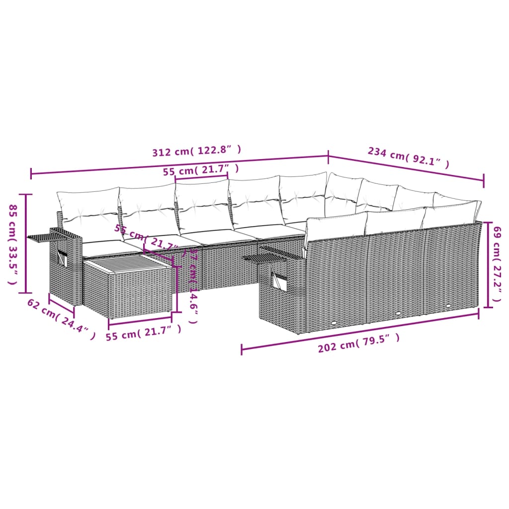 11-teiliges Gartensofa-Set mit Kissen, schwarzes Polyrattan