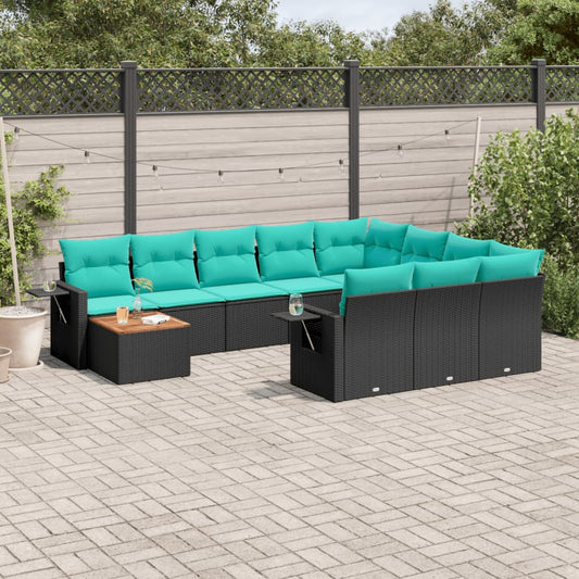 11-teiliges Gartensofa-Set mit Kissen, schwarzes Polyrattan