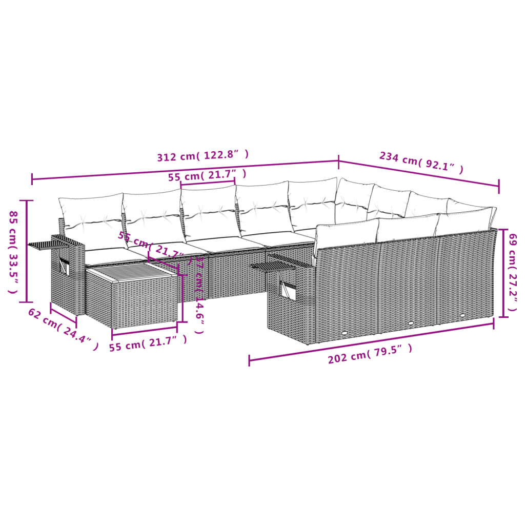 11-teiliges Gartensofa-Set mit Kissen, grau, Polyrattan