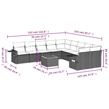 11-teiliges Gartensofa-Set mit Kissen, schwarzes Polyrattan