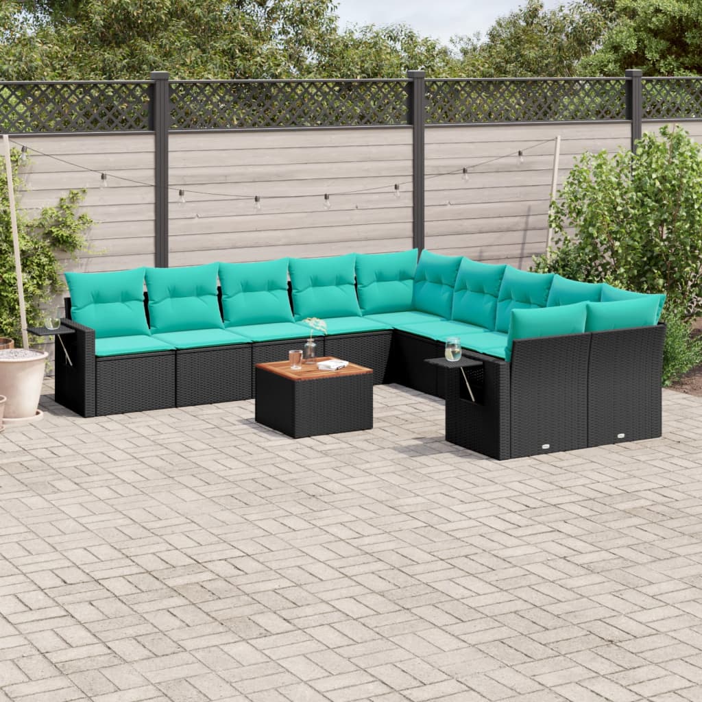 11-teiliges Gartensofa-Set mit Kissen, schwarzes Polyrattan