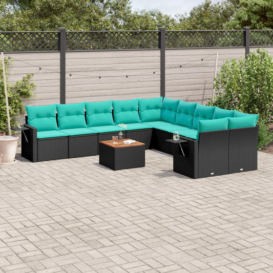 11-teiliges Gartensofa-Set mit Kissen, schwarzes Polyrattan