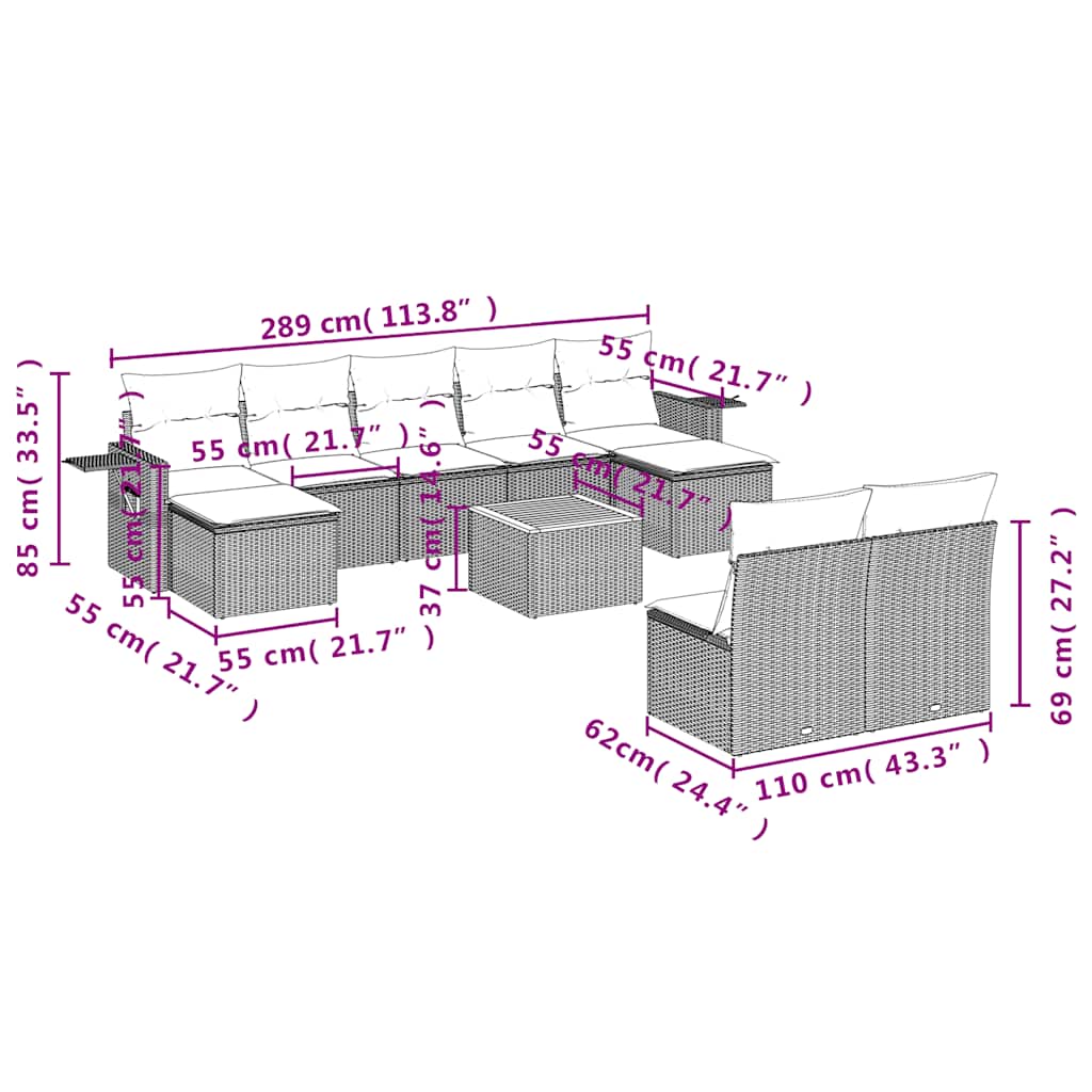 10-teiliges Gartensofa-Set mit Kissen, grau, Polyrattan