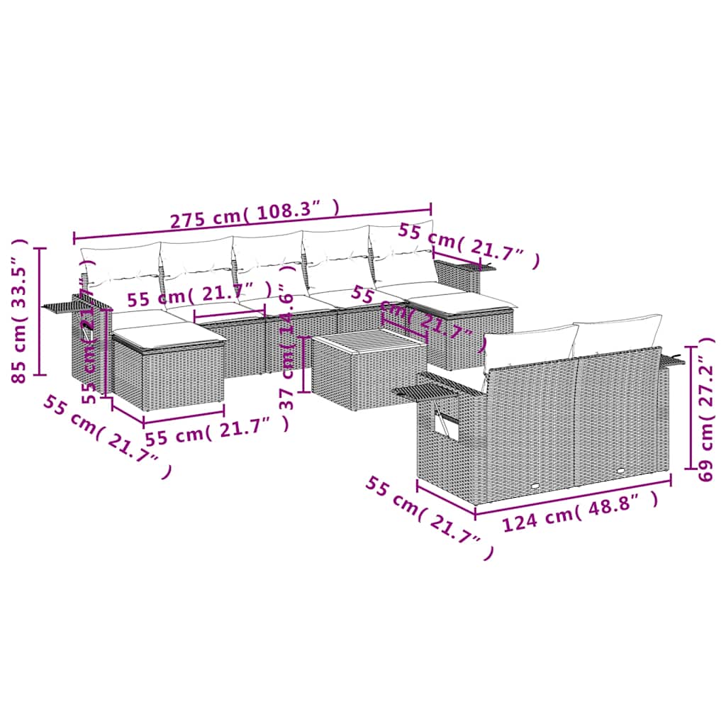 10-teiliges Gartensofa-Set mit Kissen, grau, Polyrattan