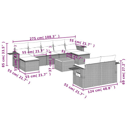 10-teiliges Gartensofa-Set mit Kissen, grau, Polyrattan