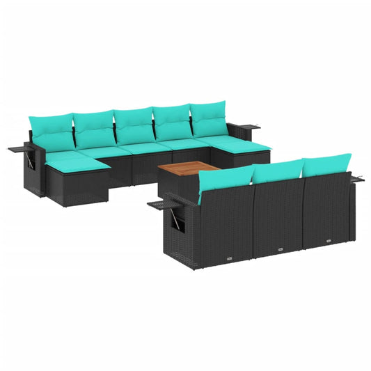 11-teiliges Gartensofa-Set mit Kissen, schwarzes Polyrattan