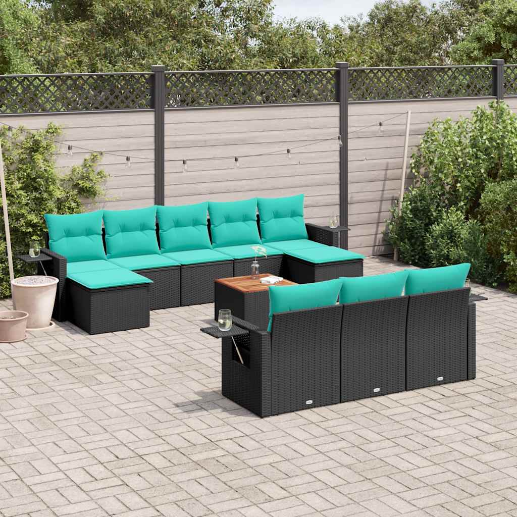 11-teiliges Gartensofa-Set mit Kissen, schwarzes Polyrattan