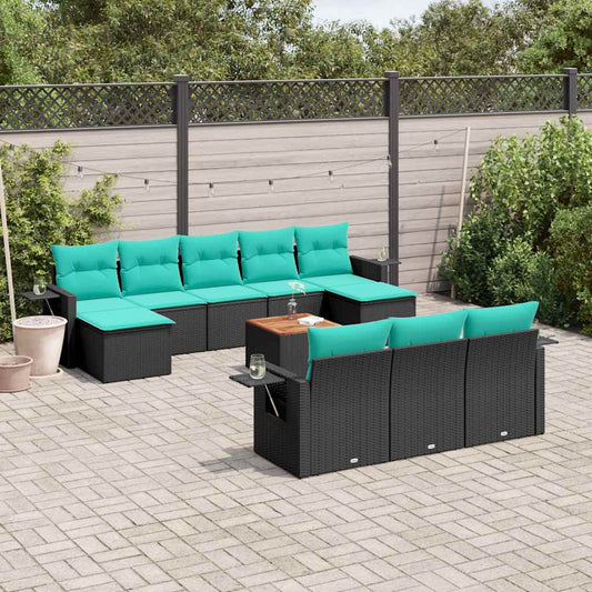 11-teiliges Gartensofa-Set mit Kissen, schwarzes Polyrattan