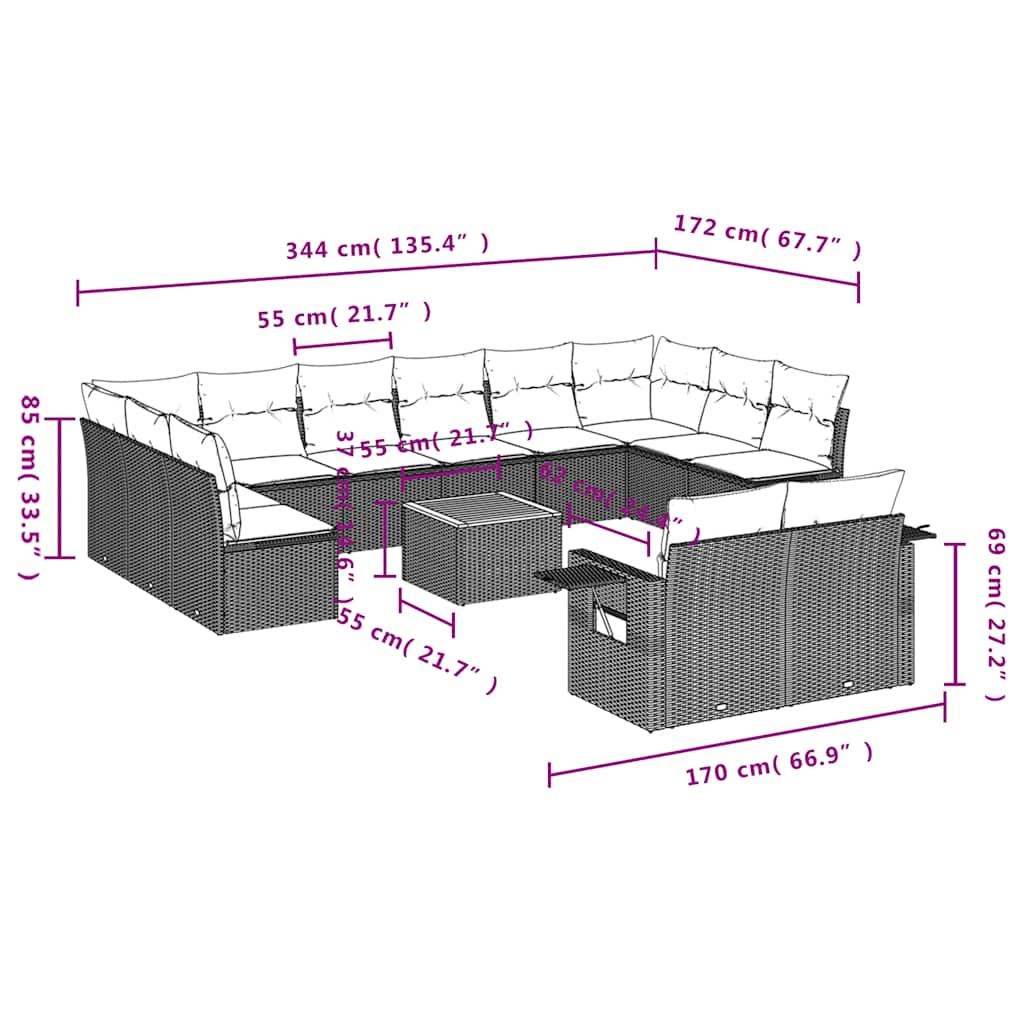 13-teiliges Gartensofa-Set mit Kissen, schwarzes Polyrattan
